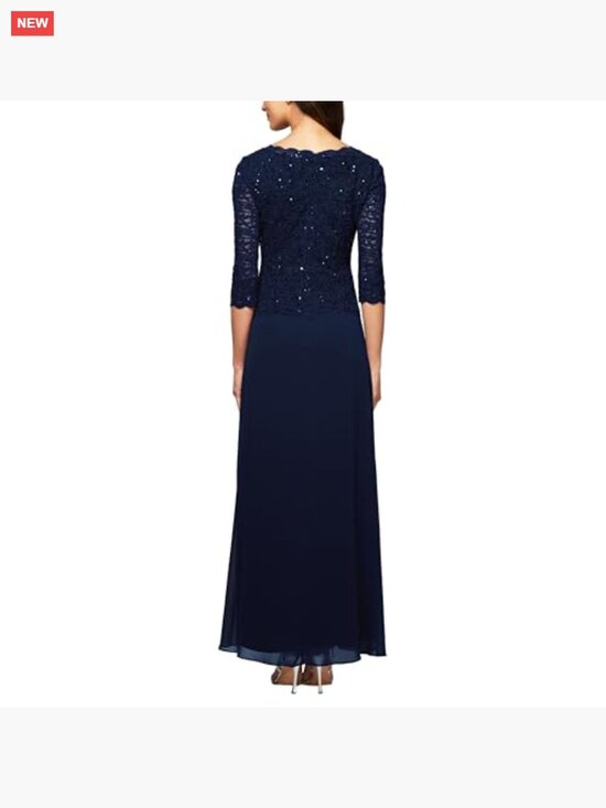 Long 3/4 Sleeve Lace Bodice Chiffon Gown Mother of the Bride Dress - Picture 2 of 6